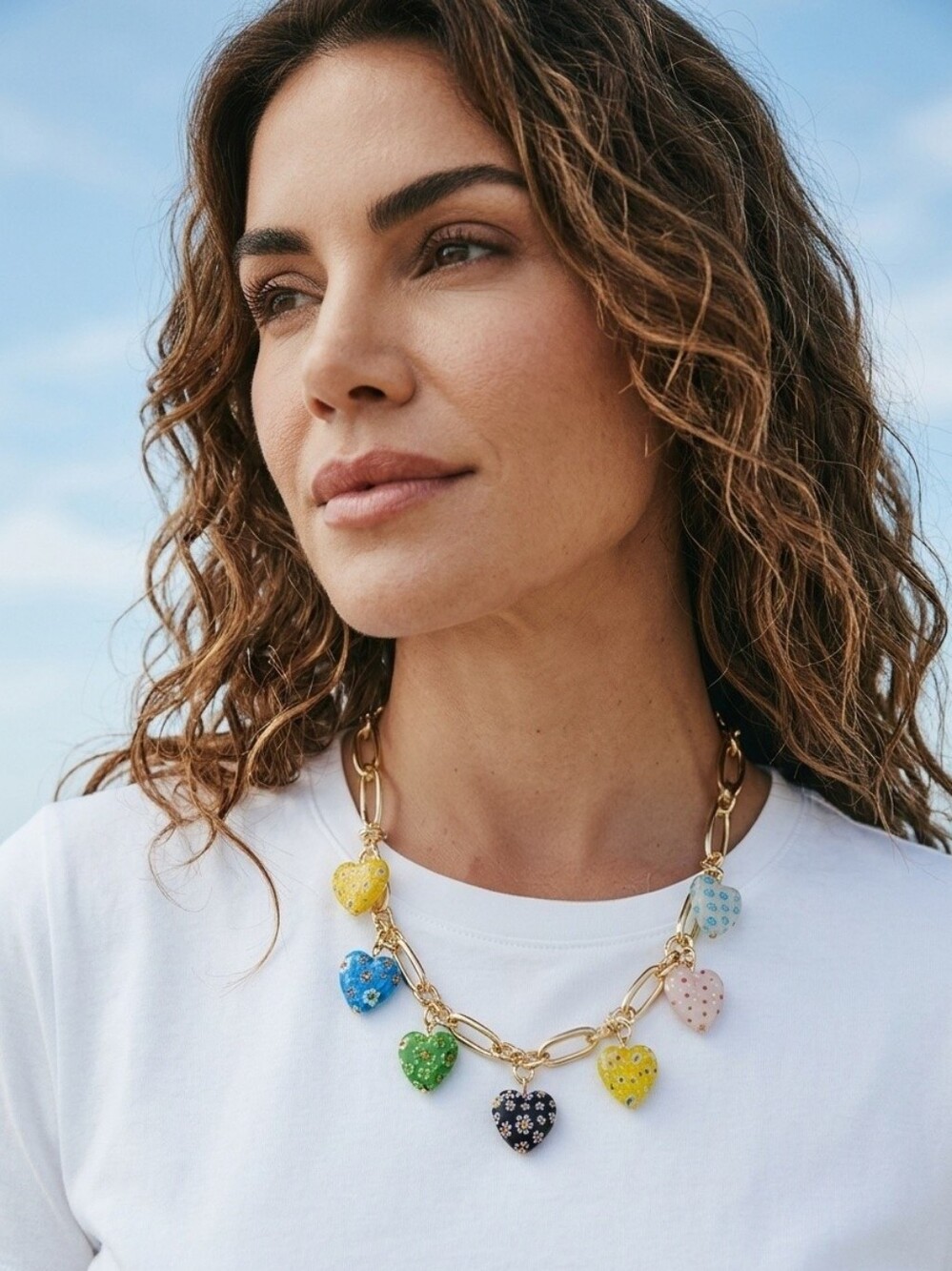 Camila Coelho Multicolor Heart Charm Gold Tone Chain Necklace, NIB